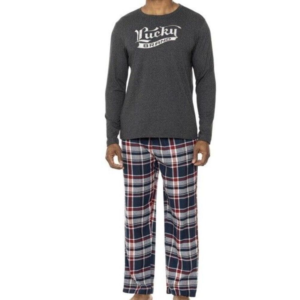 New Lucky Brand Men's 2-Pc Pajama Soft Jersey & Plaid Flannel Pant Set Medium